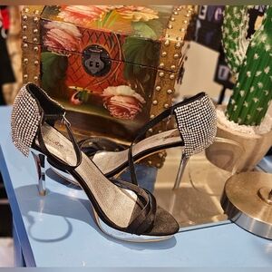 SHOEZY Rhinestone Stiletto Sandals | Evening Occasion Heels| Black/Silve 41/10